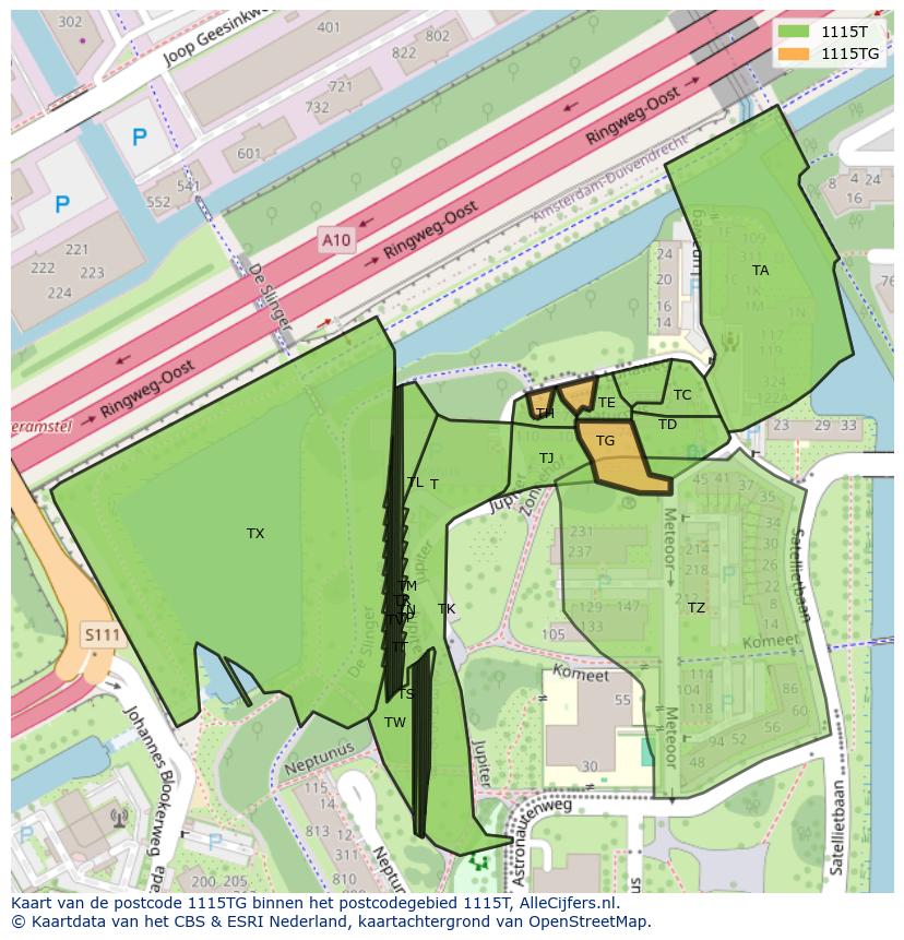Afbeelding van het postcodegebied 1115 TG op de kaart.