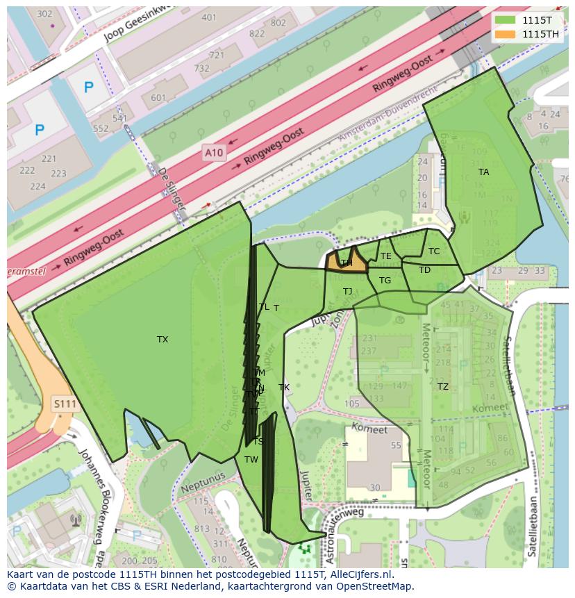 Afbeelding van het postcodegebied 1115 TH op de kaart.