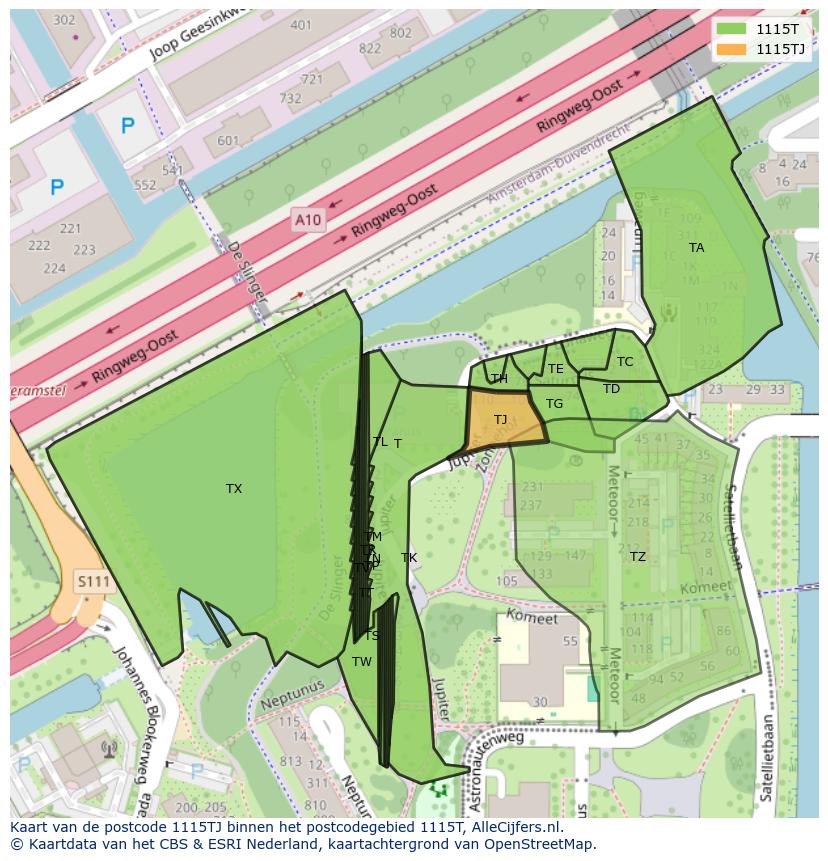Afbeelding van het postcodegebied 1115 TJ op de kaart.