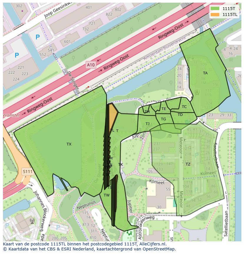 Afbeelding van het postcodegebied 1115 TL op de kaart.