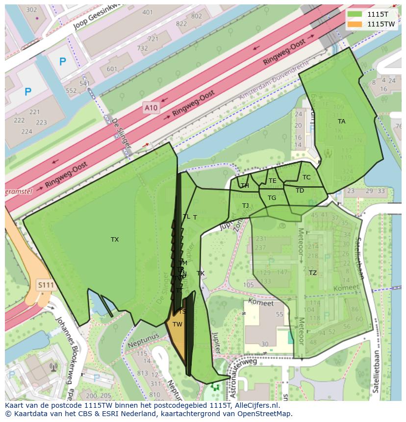 Afbeelding van het postcodegebied 1115 TW op de kaart.