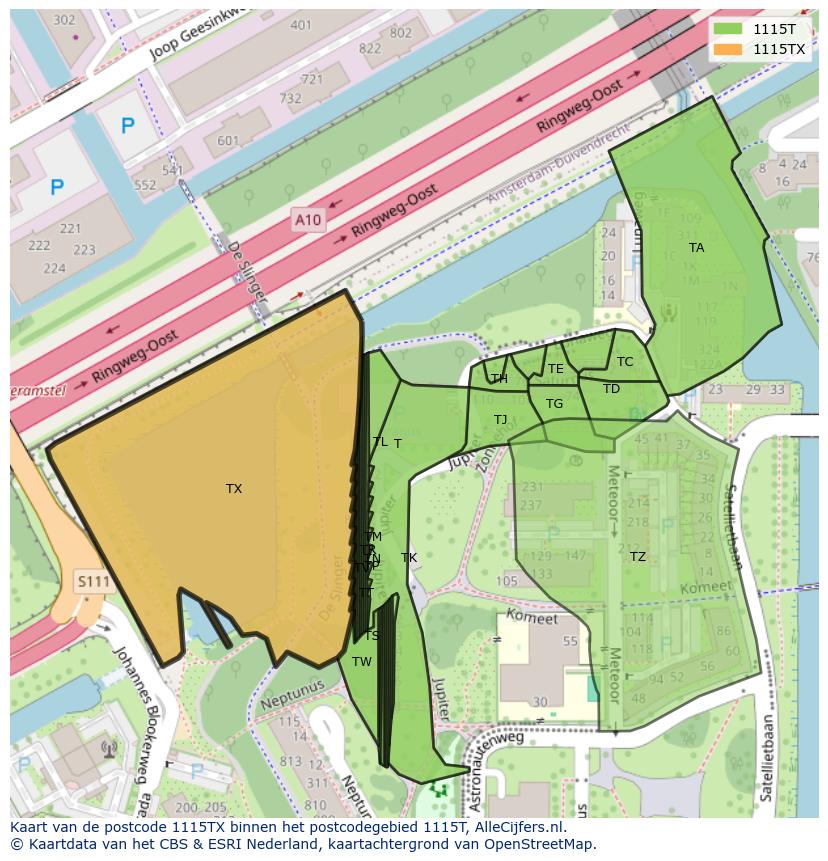 Afbeelding van het postcodegebied 1115 TX op de kaart.