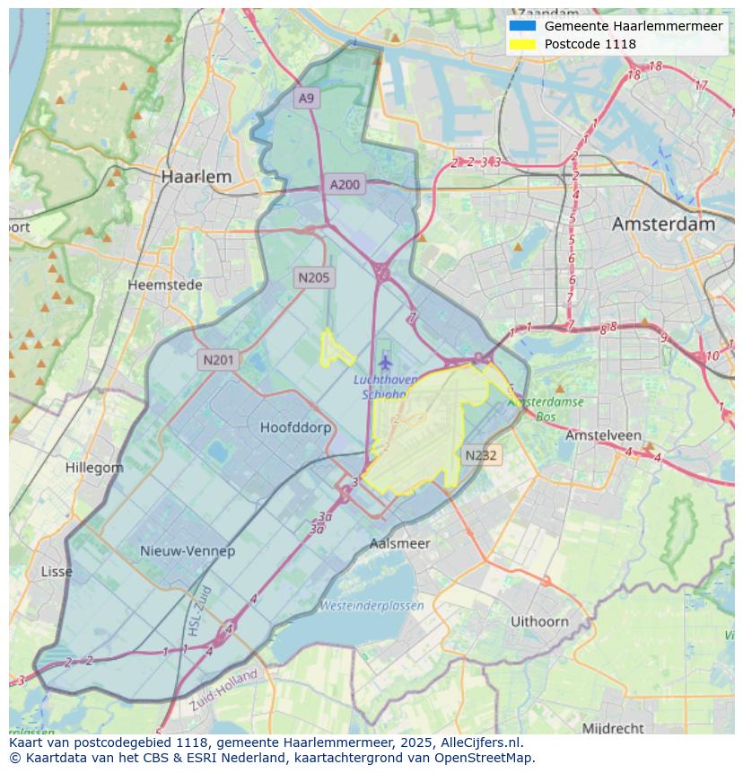 Afbeelding van het postcodegebied 1118 op de kaart.