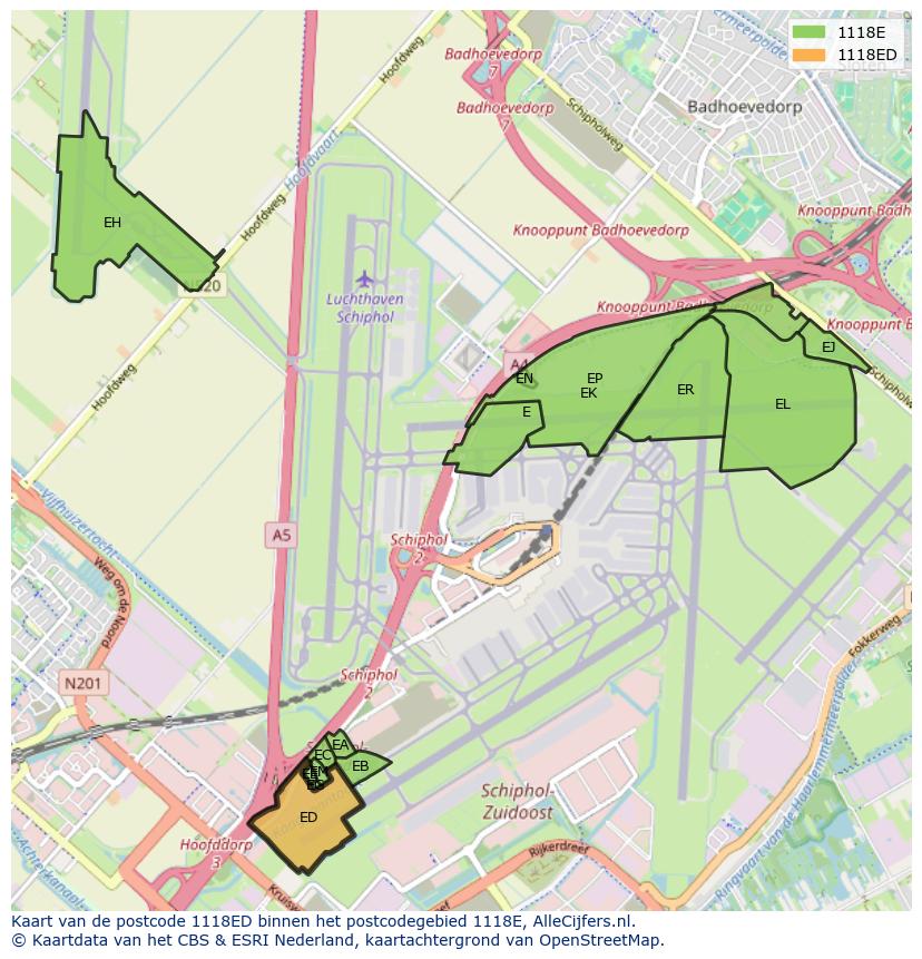 Afbeelding van het postcodegebied 1118 ED op de kaart.