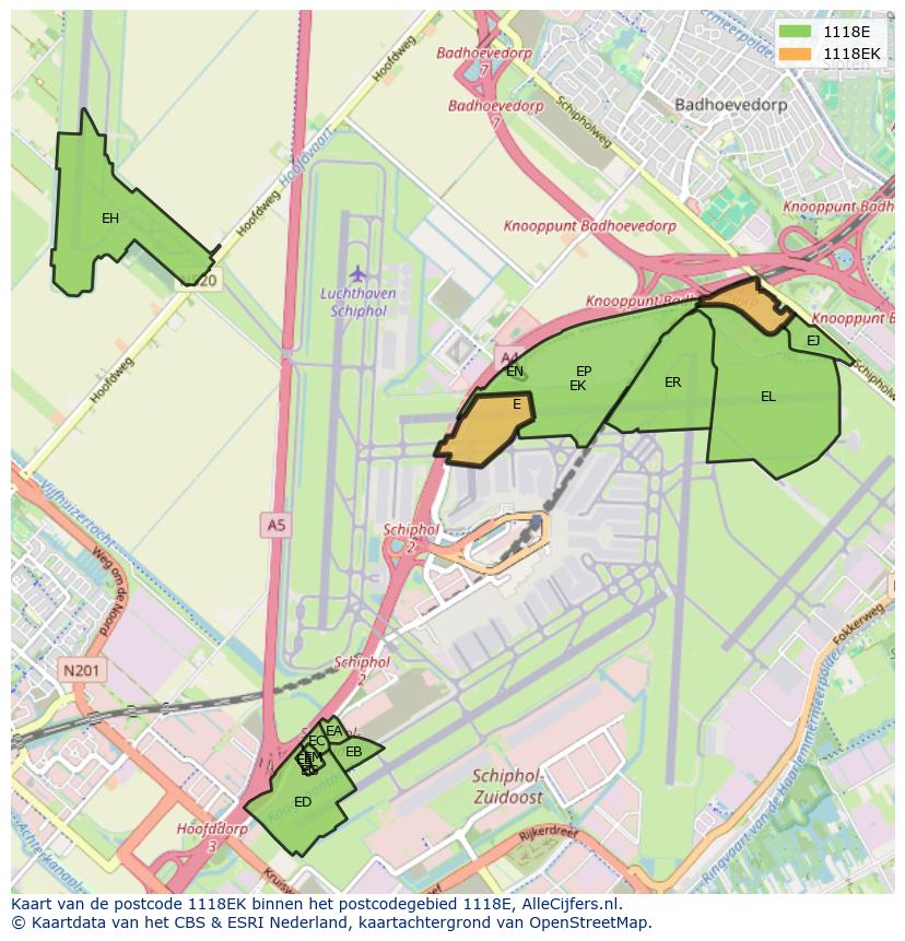 Afbeelding van het postcodegebied 1118 EK op de kaart.