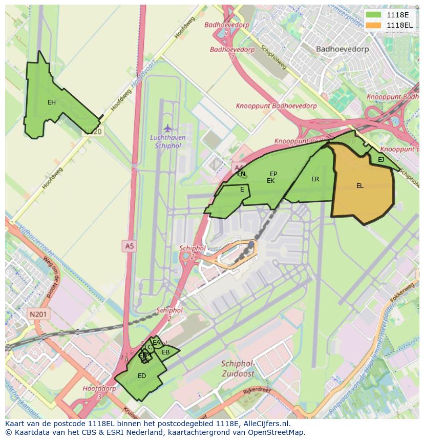 Afbeelding van het postcodegebied 1118 EL op de kaart.