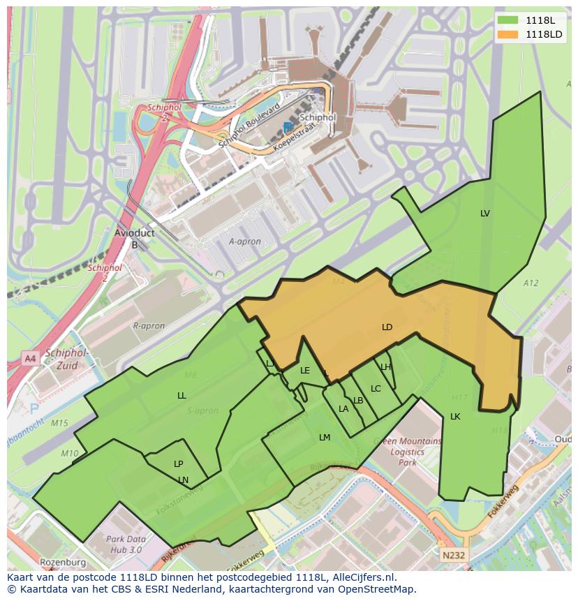 Afbeelding van het postcodegebied 1118 LD op de kaart.