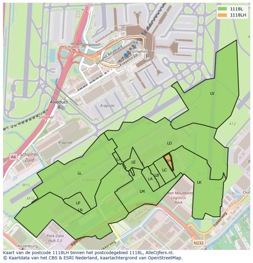 Afbeelding van het postcodegebied 1118 LH op de kaart.