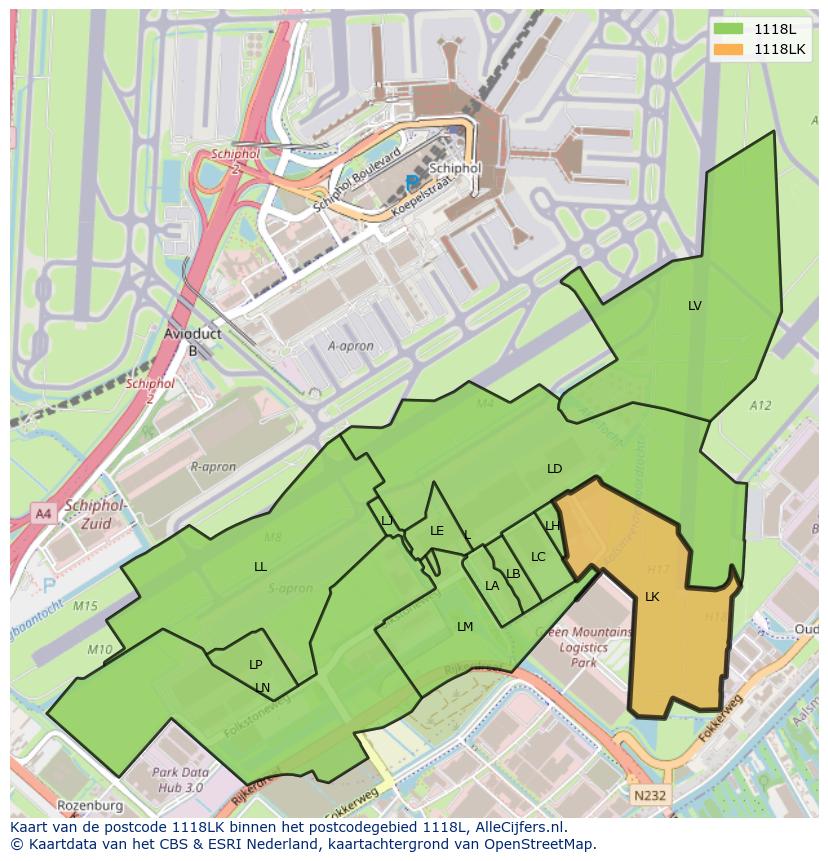 Afbeelding van het postcodegebied 1118 LK op de kaart.