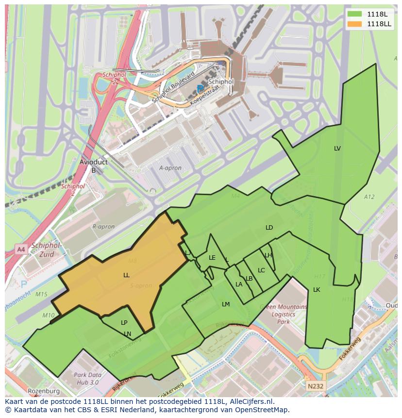 Afbeelding van het postcodegebied 1118 LL op de kaart.