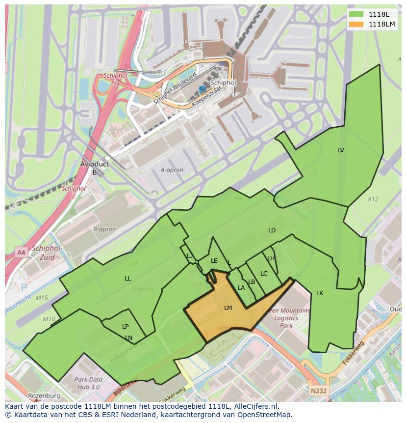Afbeelding van het postcodegebied 1118 LM op de kaart.
