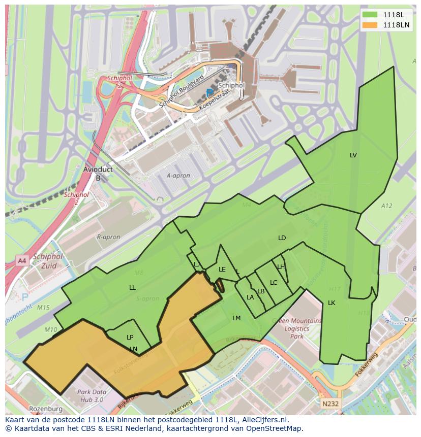 Afbeelding van het postcodegebied 1118 LN op de kaart.