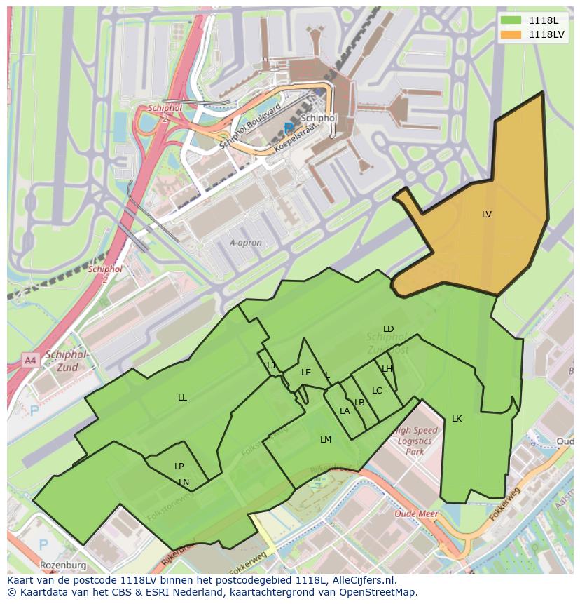 Afbeelding van het postcodegebied 1118 LV op de kaart.