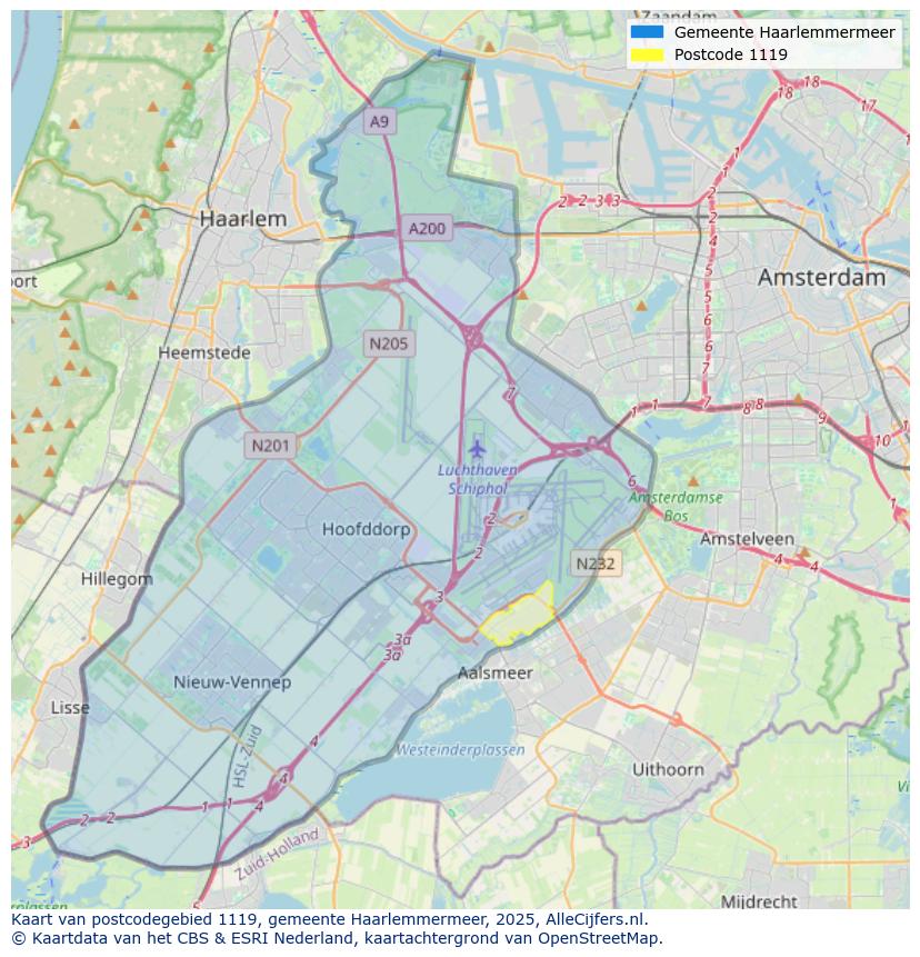 Afbeelding van het postcodegebied 1119 op de kaart.