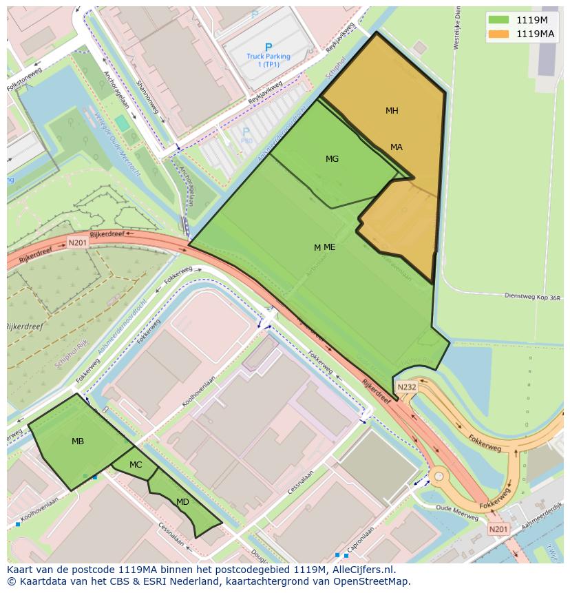 Afbeelding van het postcodegebied 1119 MA op de kaart.