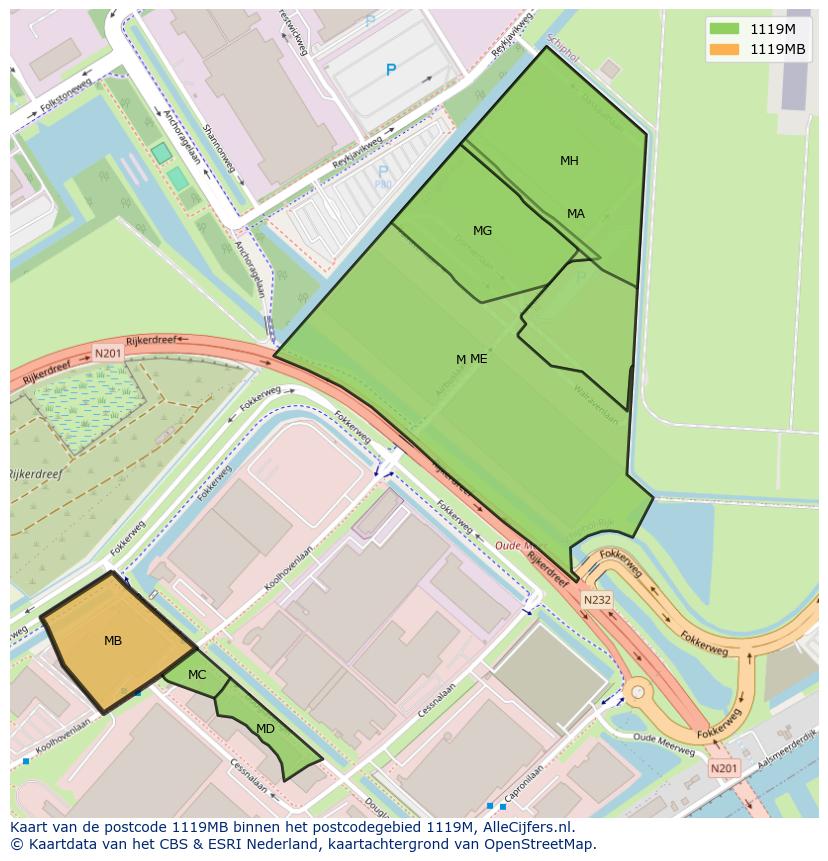 Afbeelding van het postcodegebied 1119 MB op de kaart.