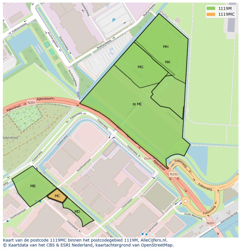 Afbeelding van het postcodegebied 1119 MC op de kaart.