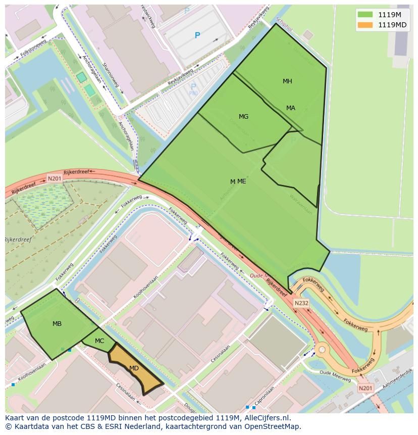 Afbeelding van het postcodegebied 1119 MD op de kaart.