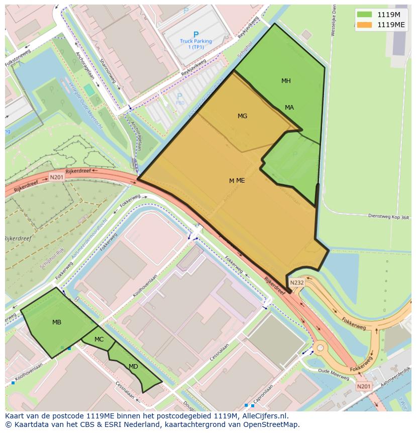 Afbeelding van het postcodegebied 1119 ME op de kaart.