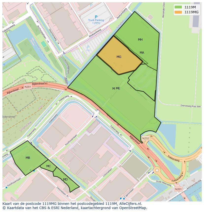 Afbeelding van het postcodegebied 1119 MG op de kaart.