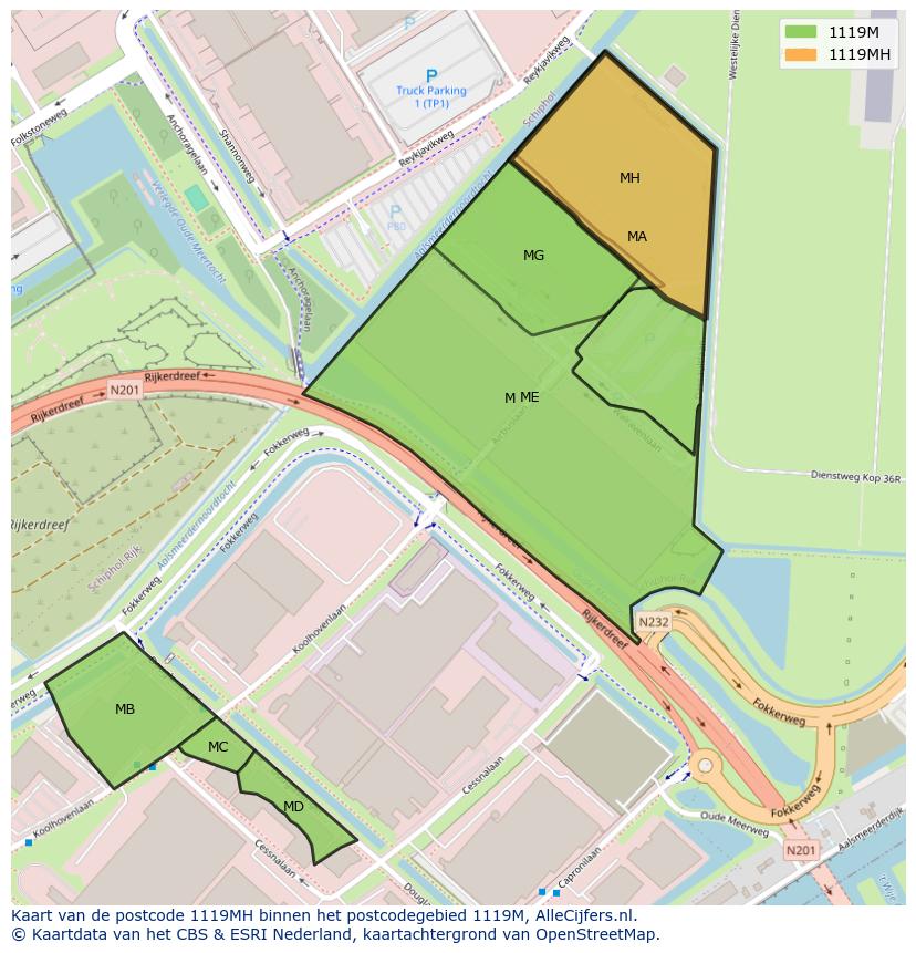 Afbeelding van het postcodegebied 1119 MH op de kaart.