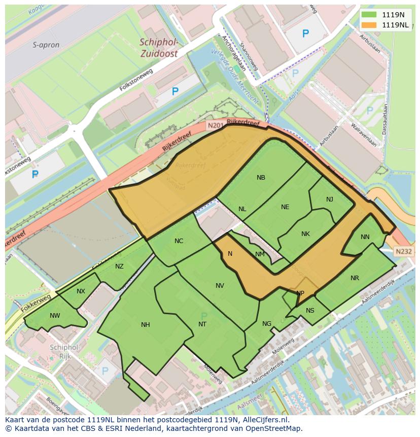 Afbeelding van het postcodegebied 1119 NL op de kaart.