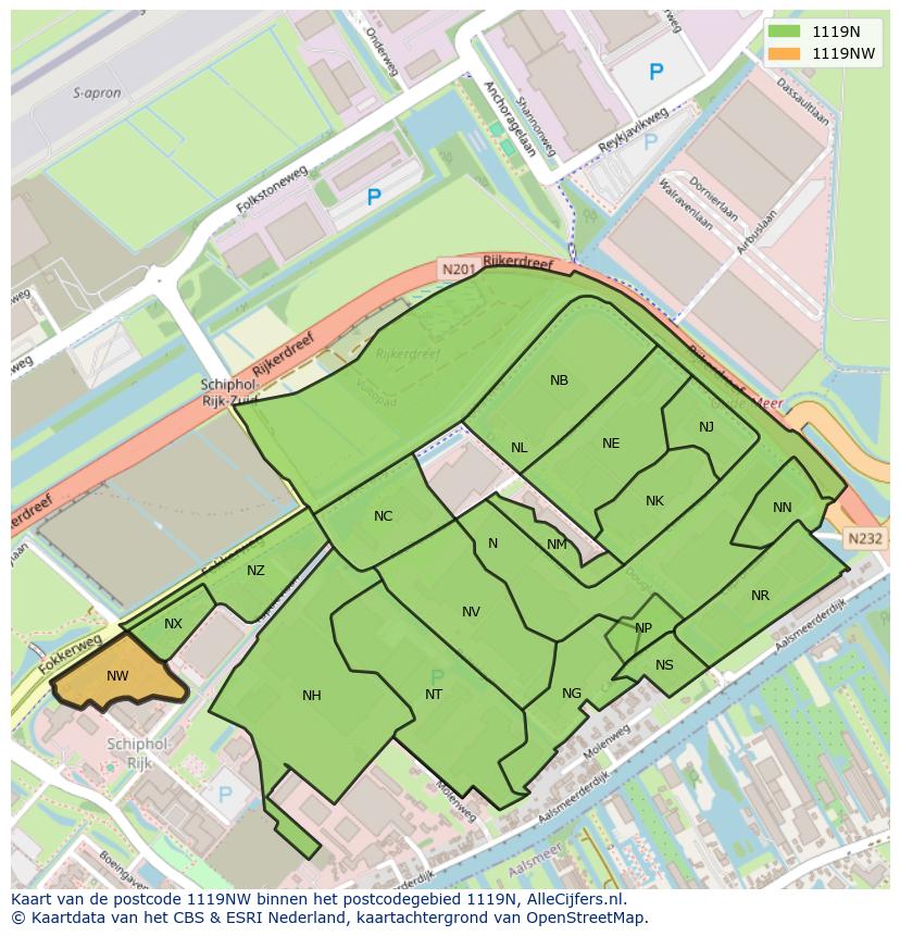 Afbeelding van het postcodegebied 1119 NW op de kaart.