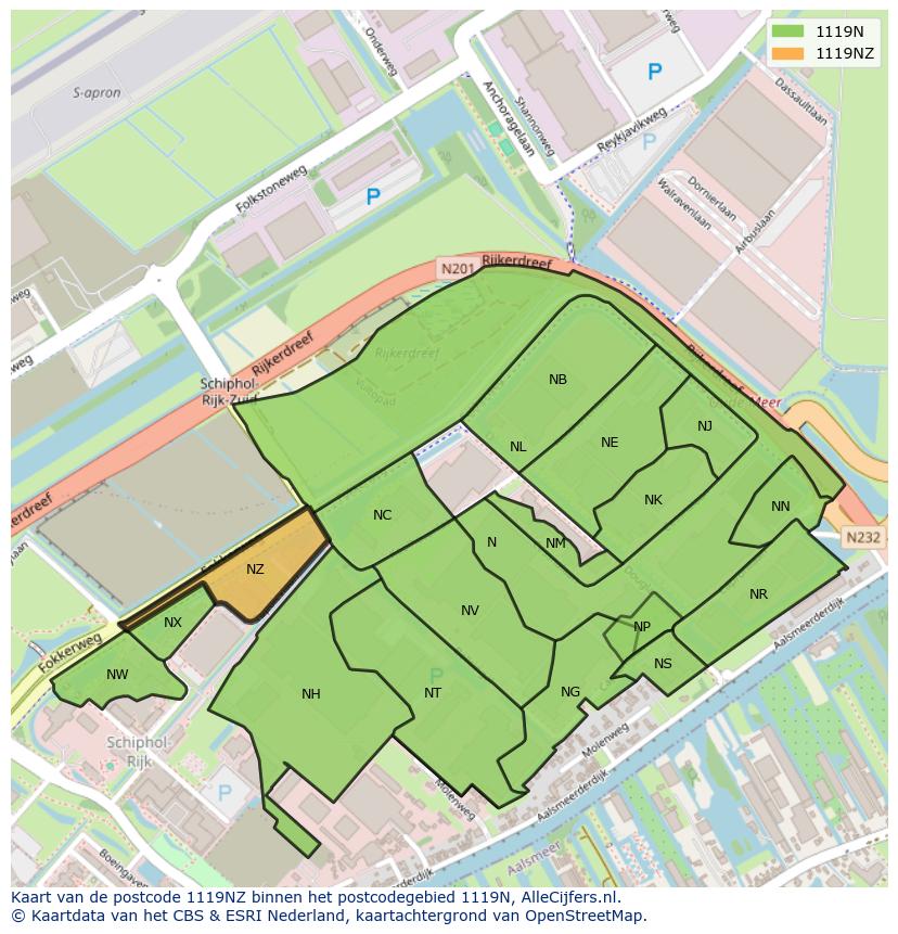 Afbeelding van het postcodegebied 1119 NZ op de kaart.