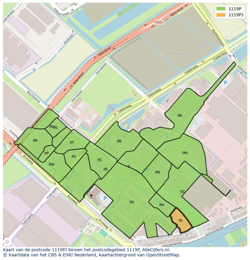 Afbeelding van het postcodegebied 1119 PJ op de kaart.