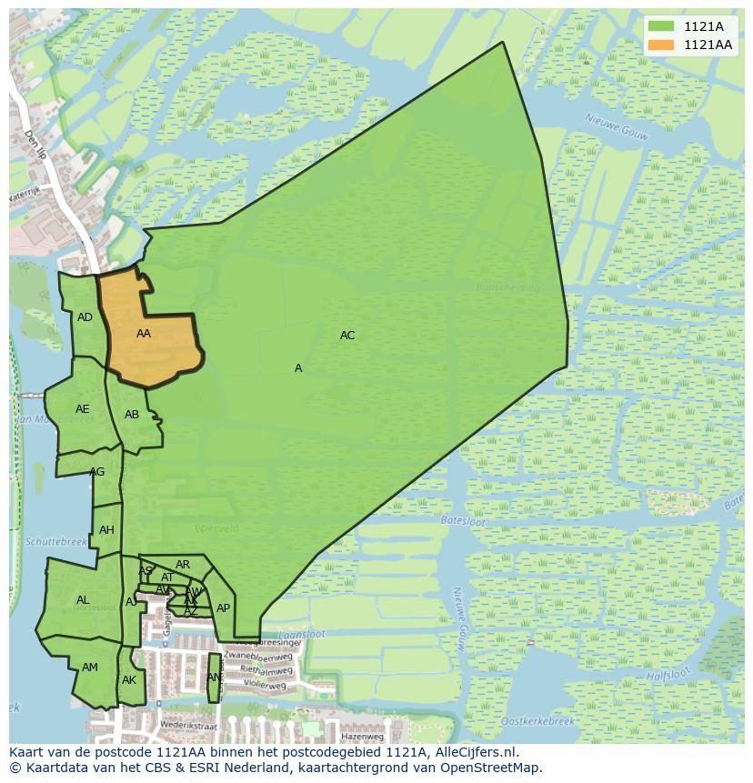 Afbeelding van het postcodegebied 1121 AA op de kaart.
