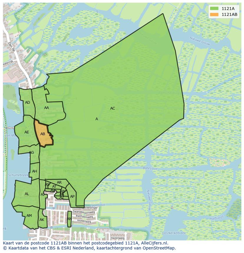 Afbeelding van het postcodegebied 1121 AB op de kaart.