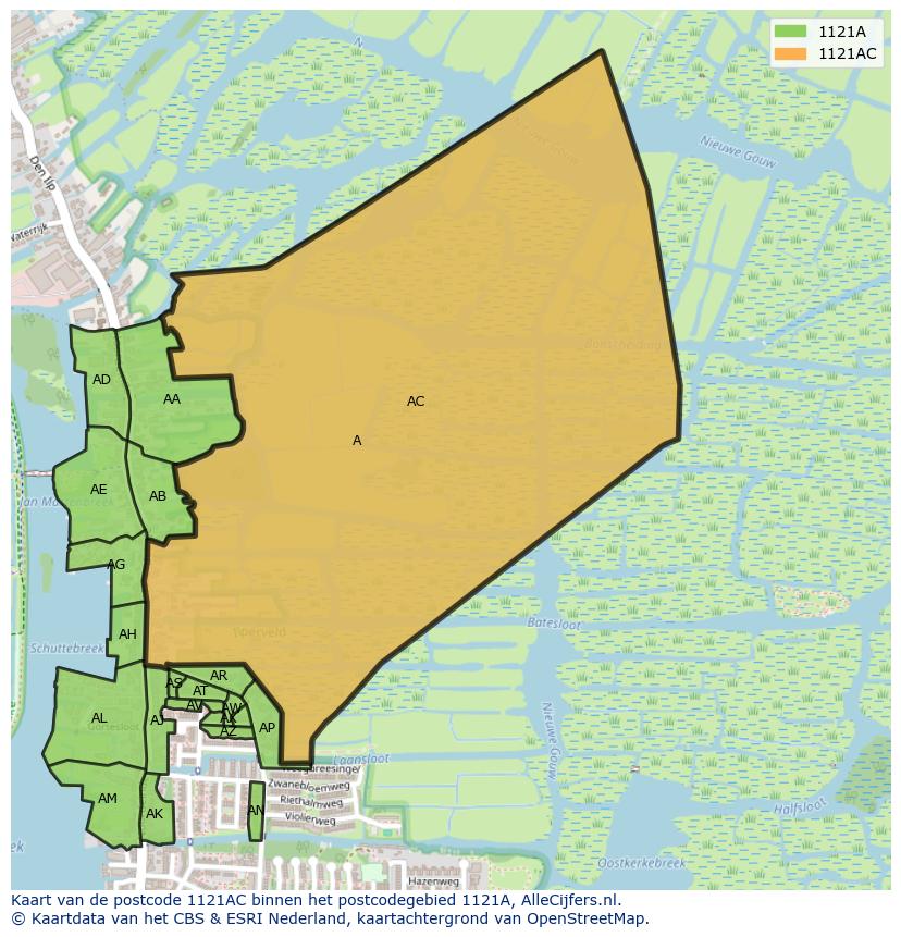 Afbeelding van het postcodegebied 1121 AC op de kaart.