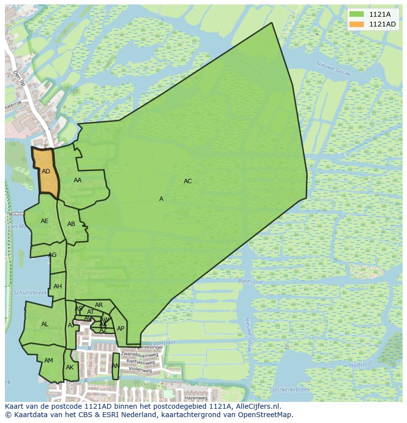 Afbeelding van het postcodegebied 1121 AD op de kaart.