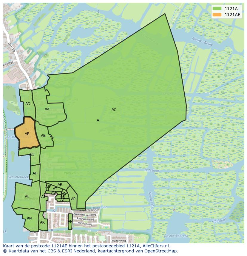 Afbeelding van het postcodegebied 1121 AE op de kaart.