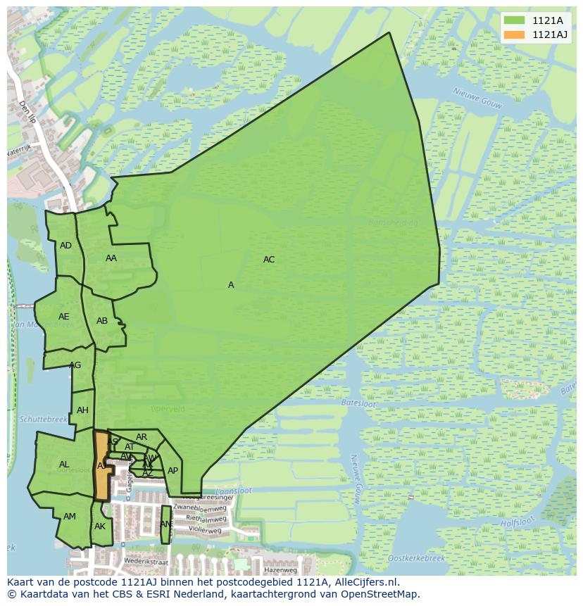 Afbeelding van het postcodegebied 1121 AJ op de kaart.