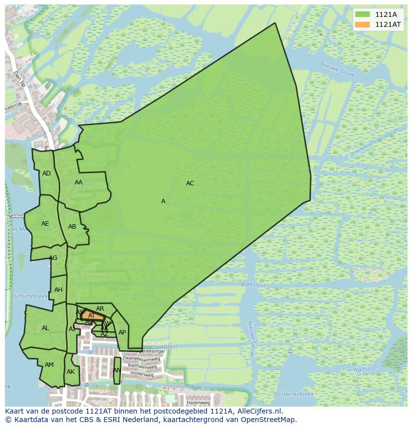 Afbeelding van het postcodegebied 1121 AT op de kaart.
