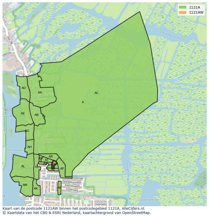 Afbeelding van het postcodegebied 1121 AW op de kaart.