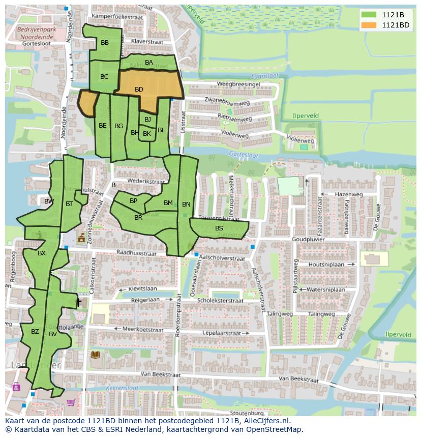 Afbeelding van het postcodegebied 1121 BD op de kaart.