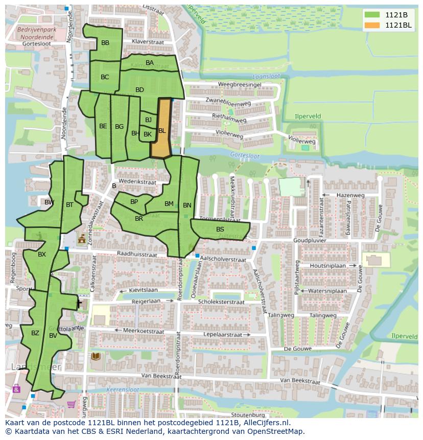 Afbeelding van het postcodegebied 1121 BL op de kaart.