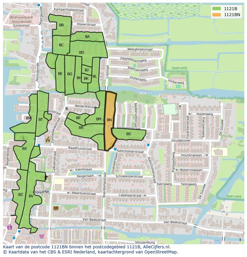 Afbeelding van het postcodegebied 1121 BN op de kaart.