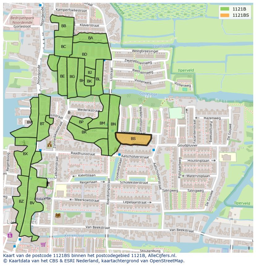 Afbeelding van het postcodegebied 1121 BS op de kaart.