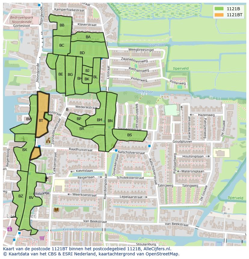 Afbeelding van het postcodegebied 1121 BT op de kaart.