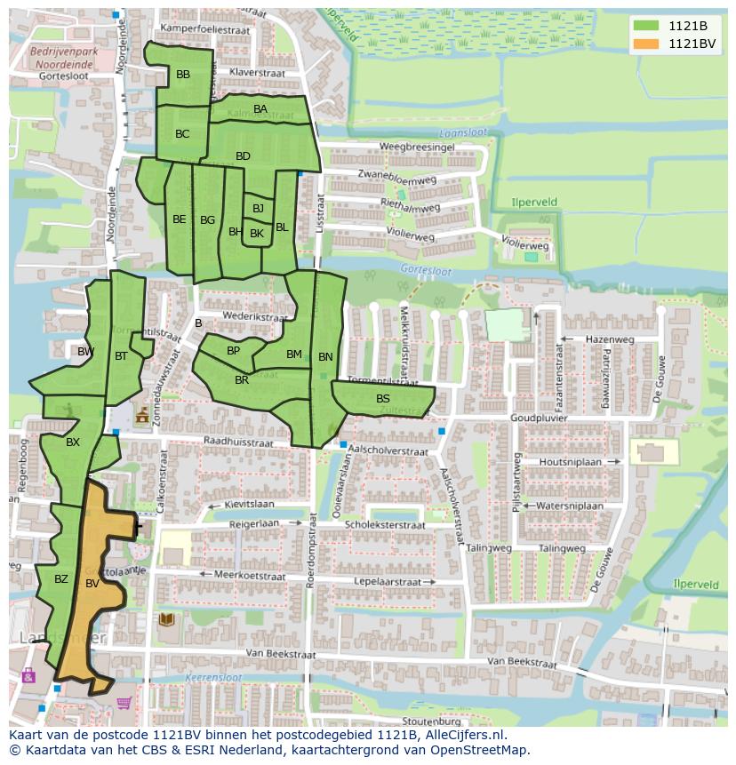 Afbeelding van het postcodegebied 1121 BV op de kaart.