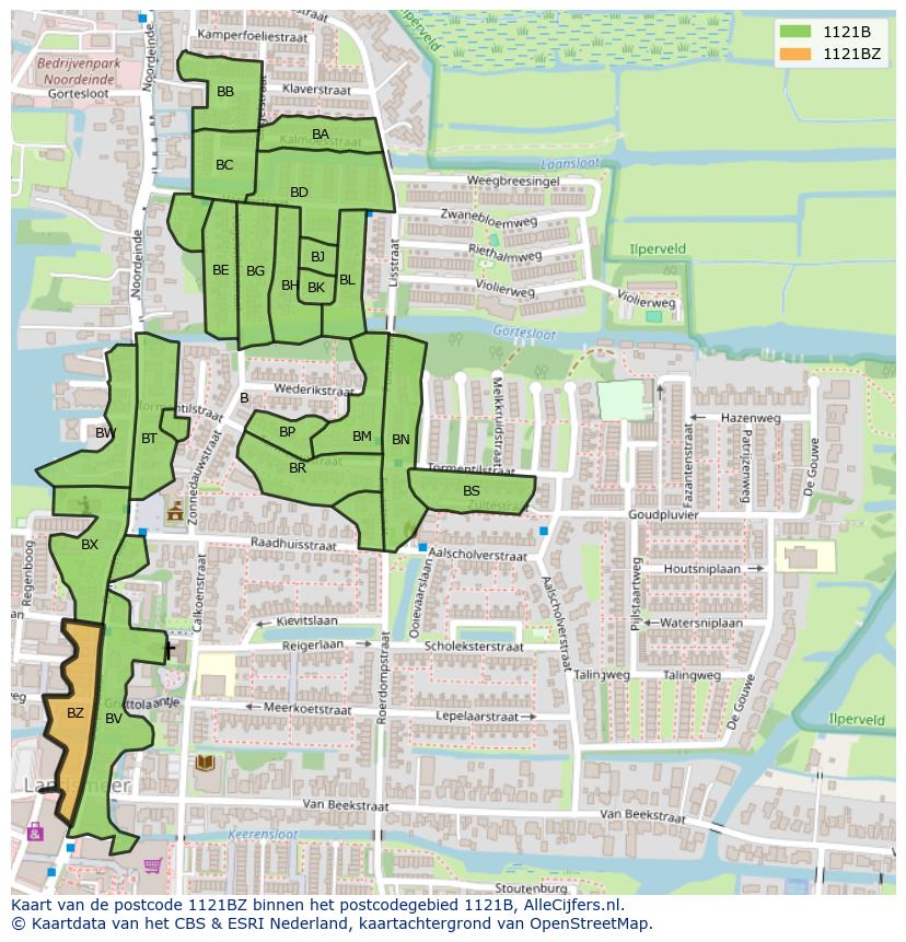 Afbeelding van het postcodegebied 1121 BZ op de kaart.
