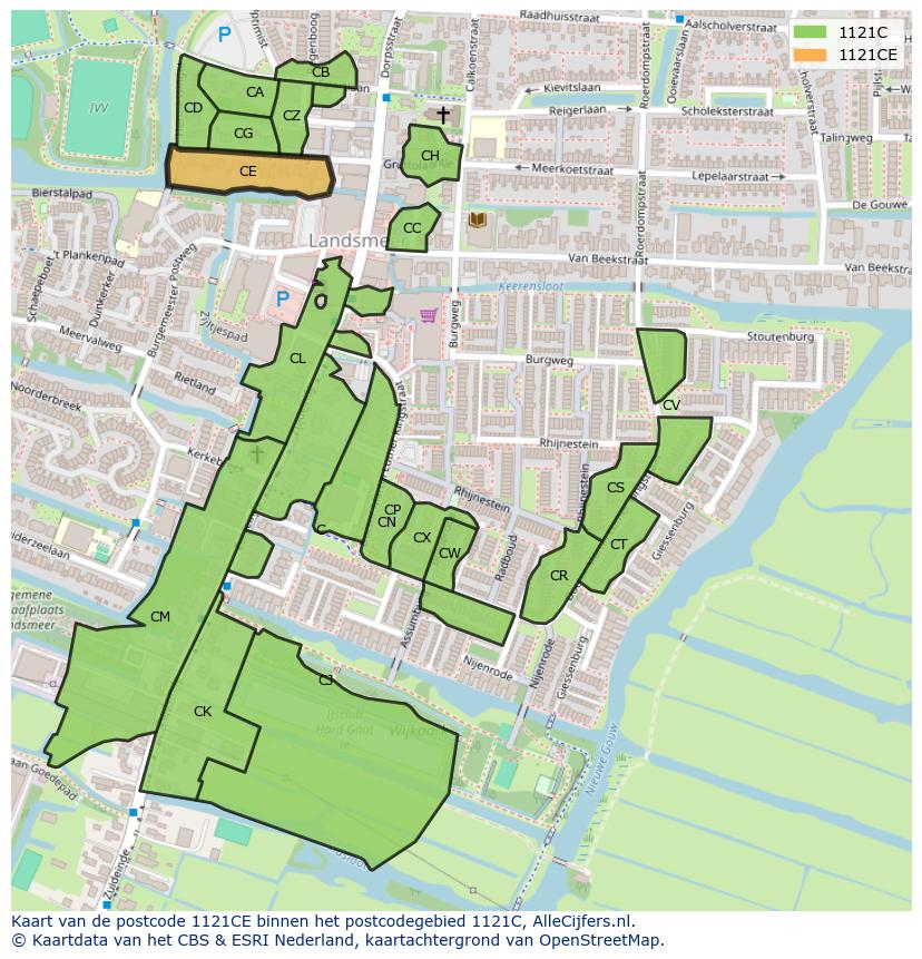 Afbeelding van het postcodegebied 1121 CE op de kaart.