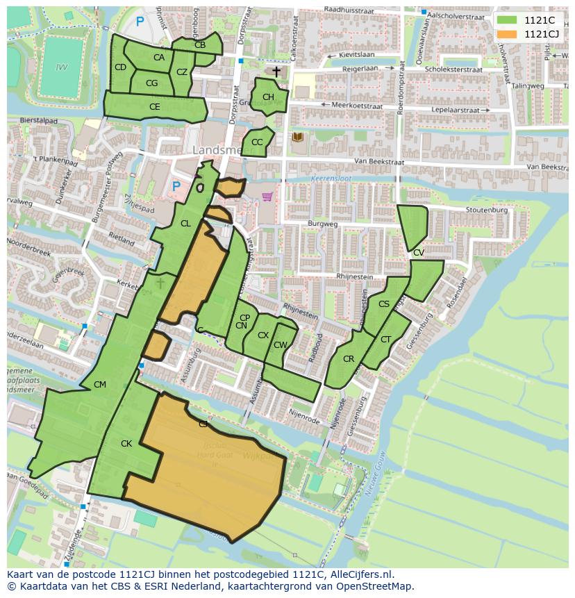 Afbeelding van het postcodegebied 1121 CJ op de kaart.
