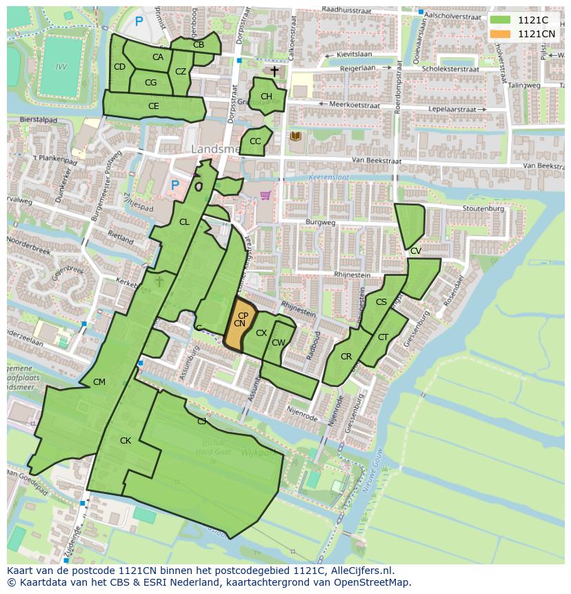 Afbeelding van het postcodegebied 1121 CN op de kaart.