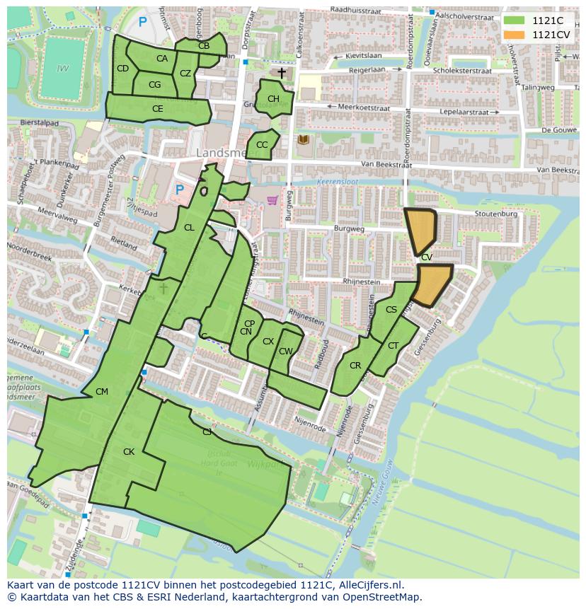 Afbeelding van het postcodegebied 1121 CV op de kaart.