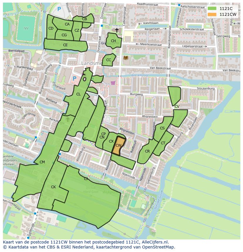 Afbeelding van het postcodegebied 1121 CW op de kaart.