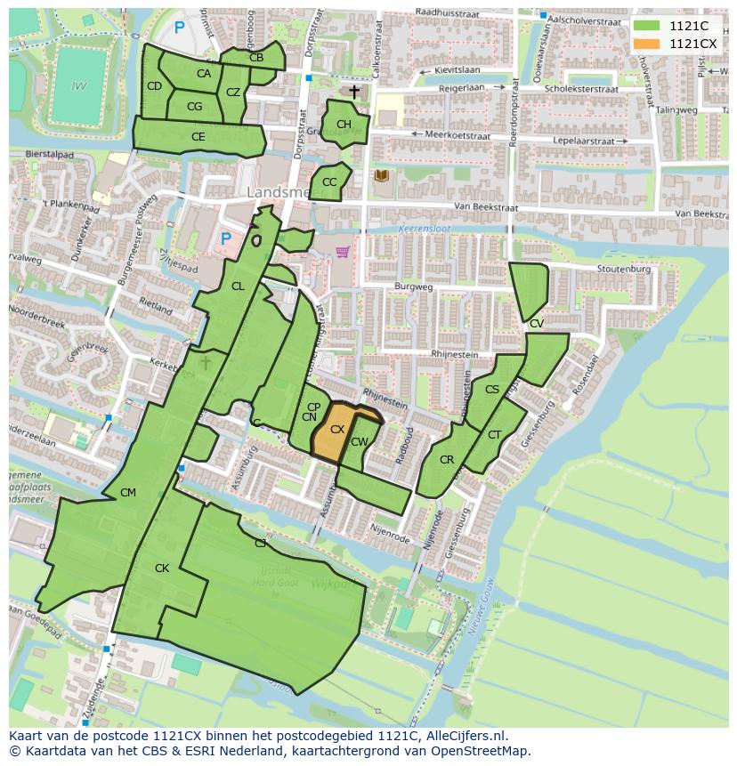 Afbeelding van het postcodegebied 1121 CX op de kaart.